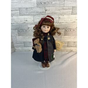 12” Crazy Mountain Porcelain Doll Holding Teddy Bear - Brown Hair & Brown Eyes